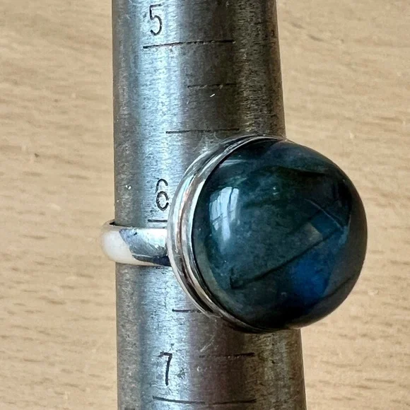 VINTAGE LARGE LABRADORITE CABOCHON RING 925 STERLING SILVER BLUE ETHEREAL GLOW